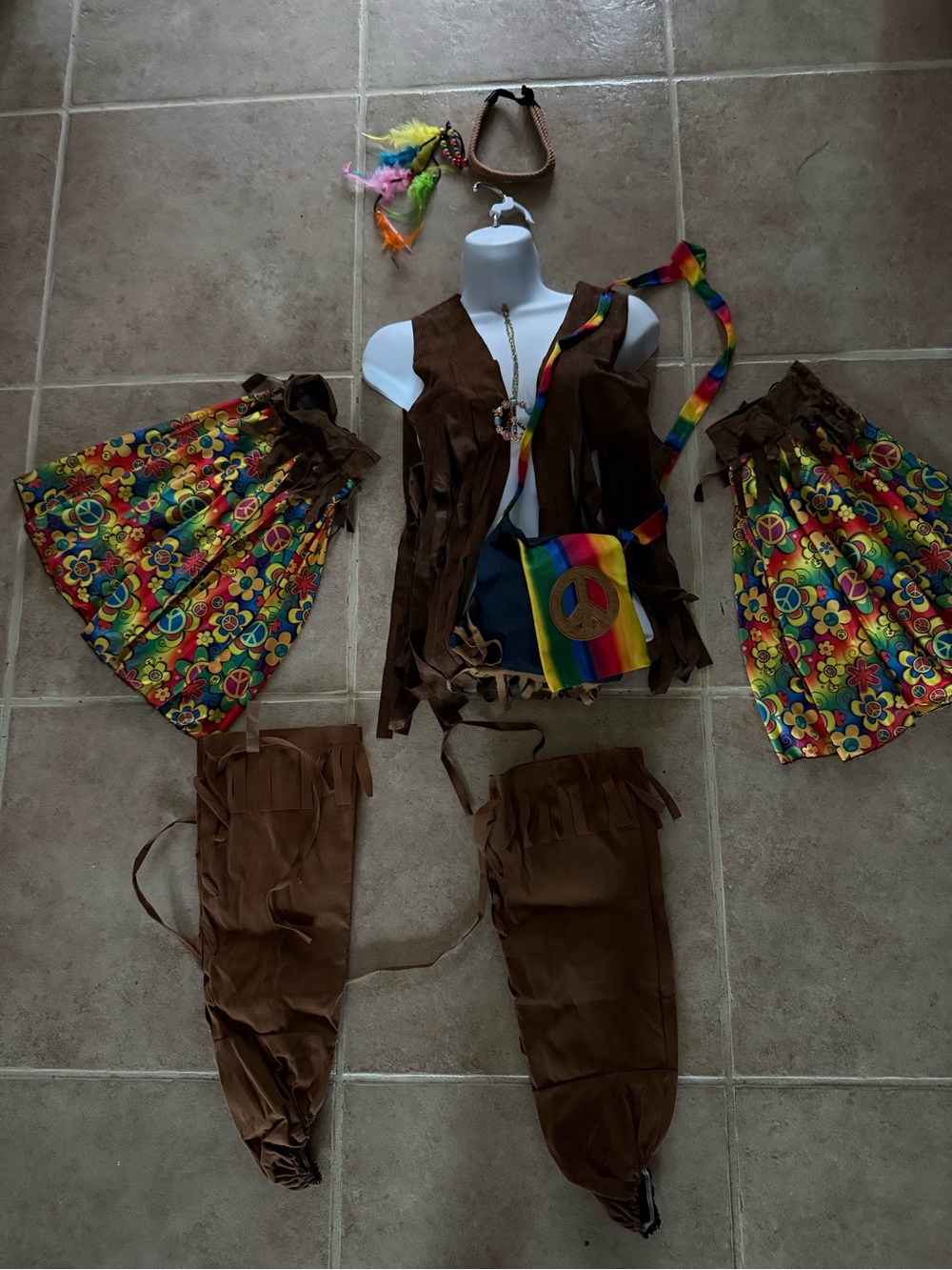 Adult one size deluxe hippie costume vest, boot covers, bag, peace earrings, etc